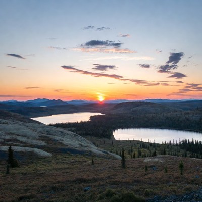 Sunset over mountain lake