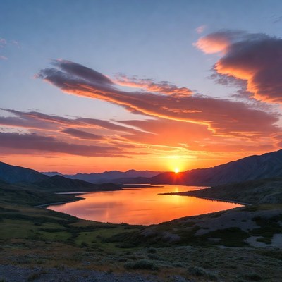 Sunset over mountain lake