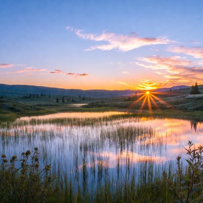 Sunset over Marsh Lake with Mountains