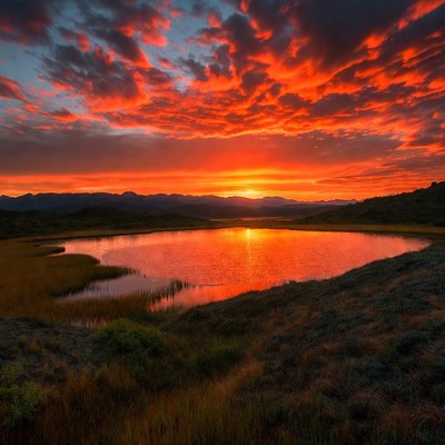 Vibrant Sunset over Mountain Lake
