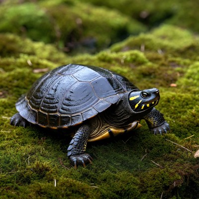 Black turtle on green moss