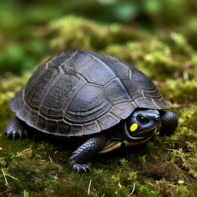 Black Turtle with Yellow Markings on Moss