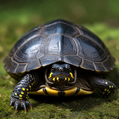 Yellow-bellied slider turtle on moss