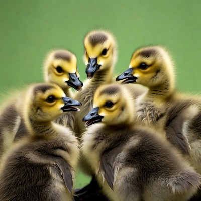 Group of Cute Goslings on Green Grass