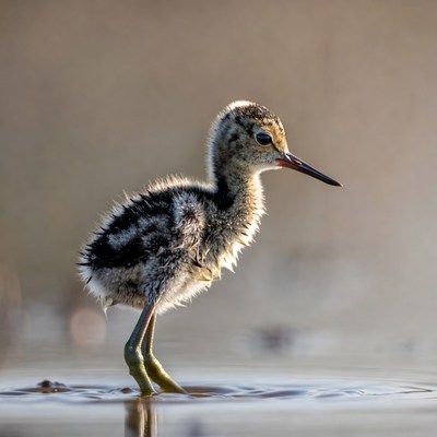 Fluffy black-winged stilt chick standing