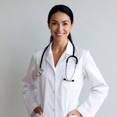 Smiling female doctor in white coat
