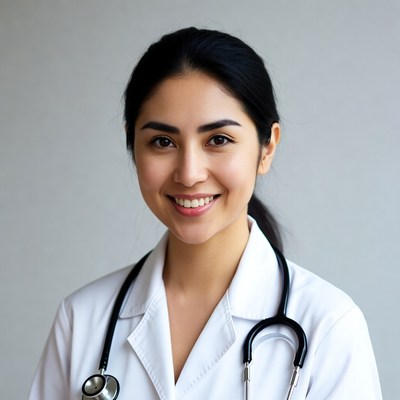 Smiling Asian female doctor with stethoscope
