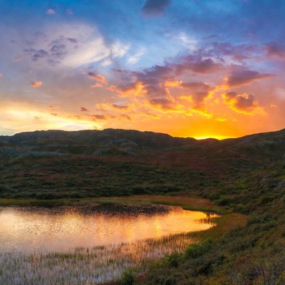 Sunset over mountain lake