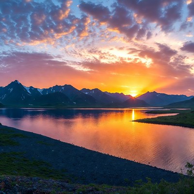 Sunset over snowy mountains and lake