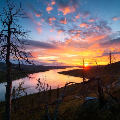 Sunset over winding river