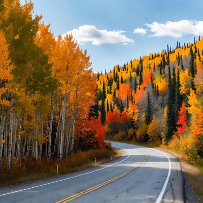 Winding Road Through Autumn Aspen Forest