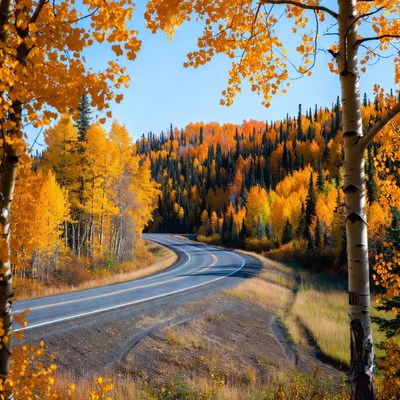 Winding road through autumn forest