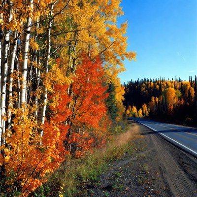 Autumn Aspen Trees Along Winding Road