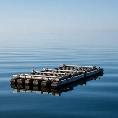 Bamboo Raft on Calm Blue Water