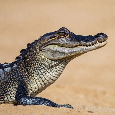 Alligator lying on sandy ground