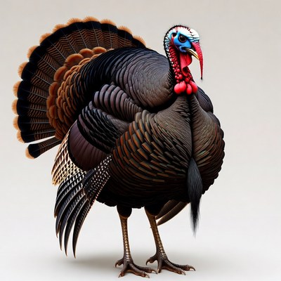 Male turkey with tail feathers fanned