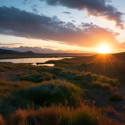 Sunset over mountain lake and grasslands