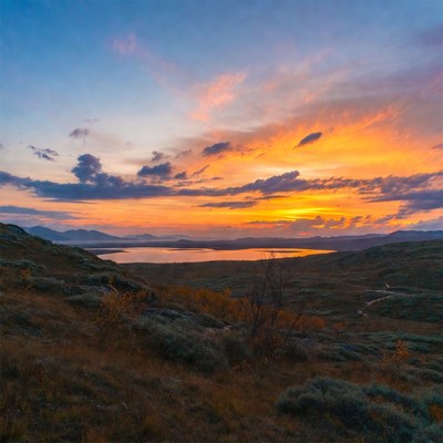 Sunset over mountain lake