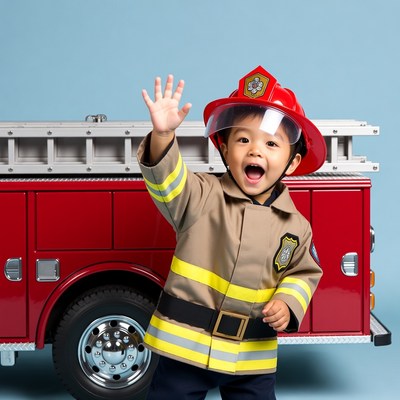 Asian boy waving in firefighter costume