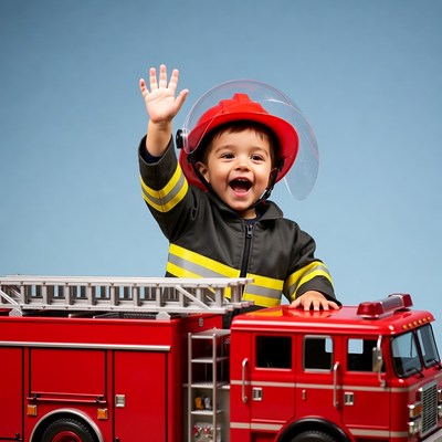 Toddler boy waving in firefighter costume