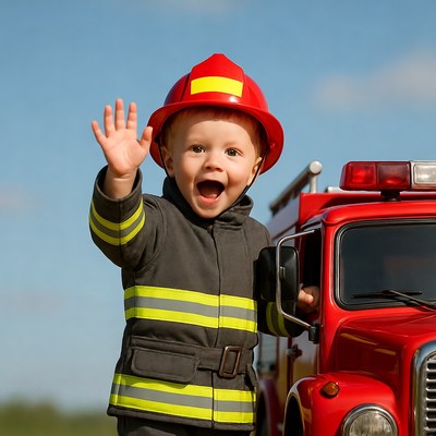 Boy waving in firefighter costume by toy truck