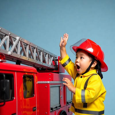 Asian boy firefighter with toy fire truck