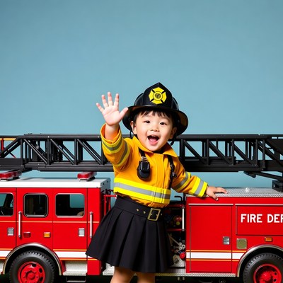 Asian girl waving in firefighter costume