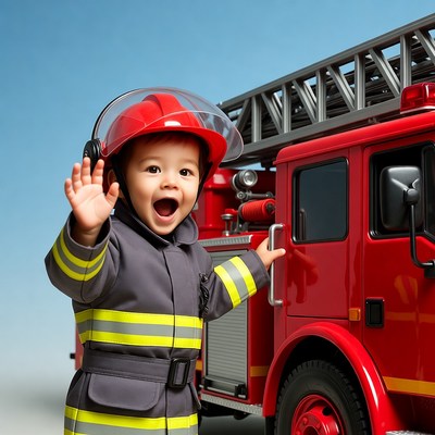 Baby boy waving in firefighter costume