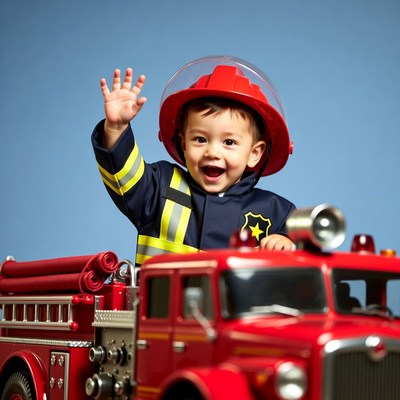 Boy waving in firefighter costume on toy truck