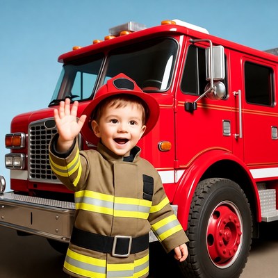 Boy waving in firefighter costume by fire truck