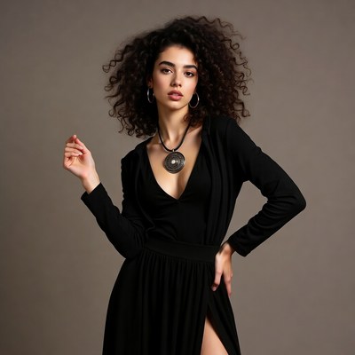 Curly-haired woman in black dress