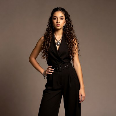 Woman in black jumpsuit with curly hair