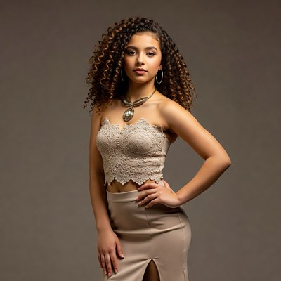 Young woman with curly hair in lace top