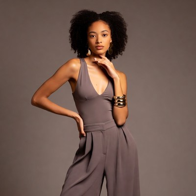 African-American woman in gray outfit posing