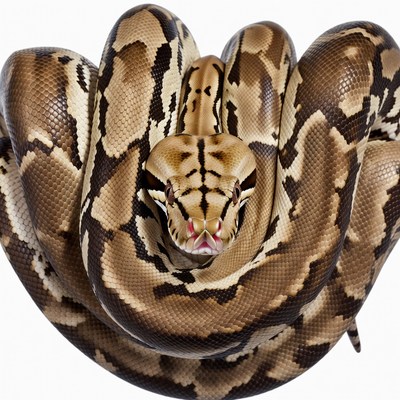 Ball Python coiled on white background