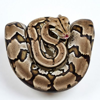 Ball Python coiled on white background