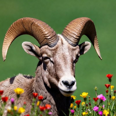 Bighorn sheep with large horns in wildflowers