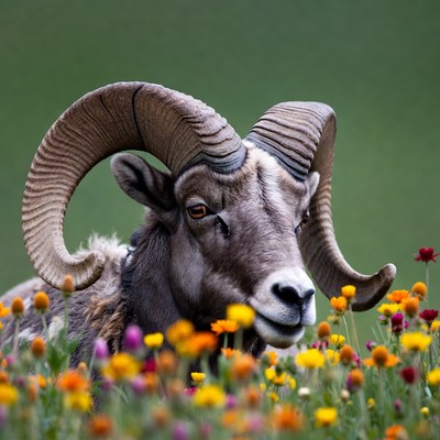 Bighorn sheep among wildflowers