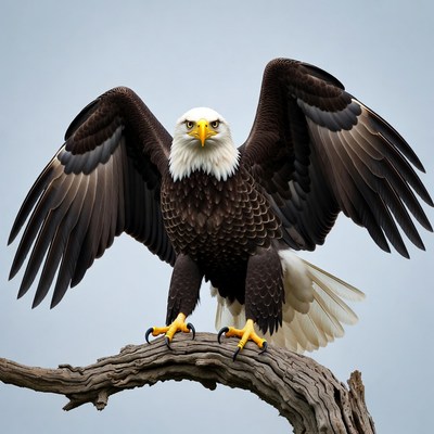 Bald eagle spreading wings on branch
