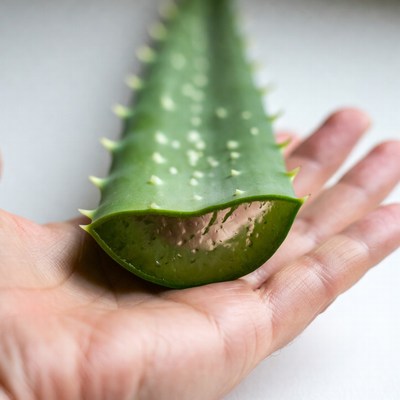 Hand holding split aloe vera leaf