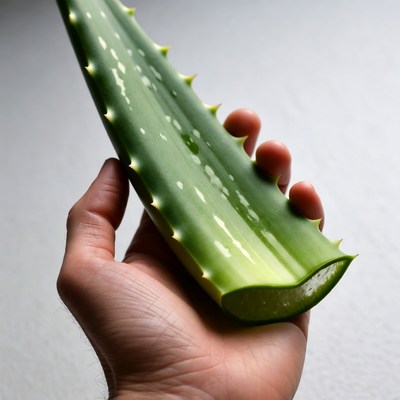 Hand holding aloe vera leaf