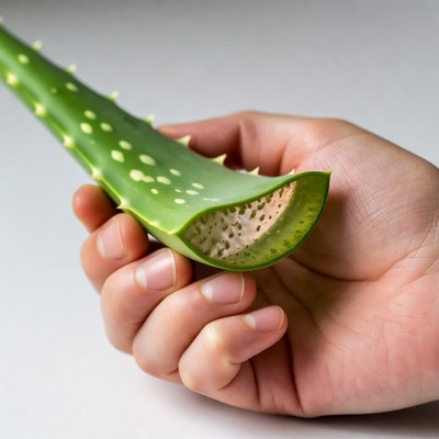Hand holding cut aloe vera leaf