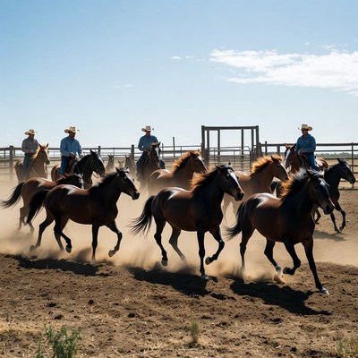Cowboys riding horses in corral
