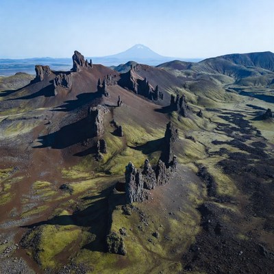 Red Rock Formations with Distant Volcano