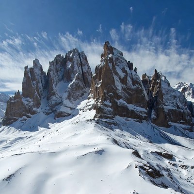 Tre Cime di Lavaredo Snowy Peaks