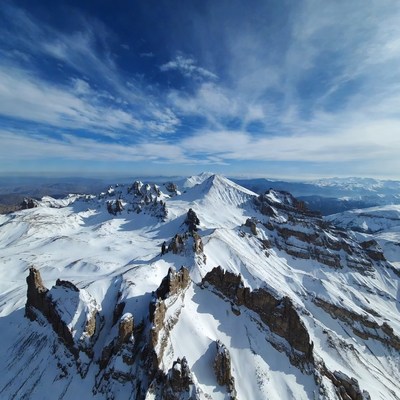 Snowy Mountain Peaks Aerial View