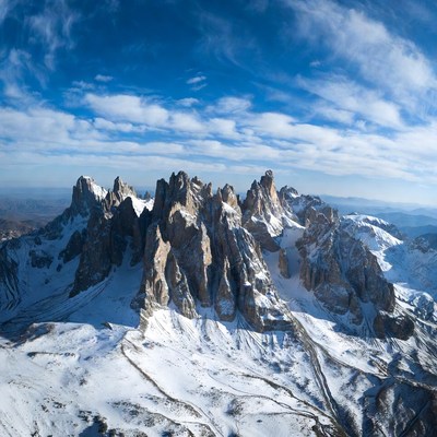 Snowy Dolomites Peaks Aerial View