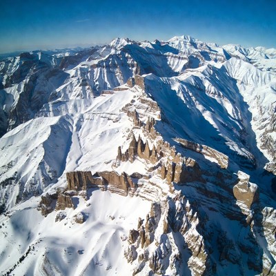 Snowy Mountain Peaks Aerial View