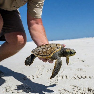 Man holding baby sea turtle