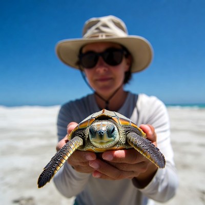 Woman holding baby sea turtle